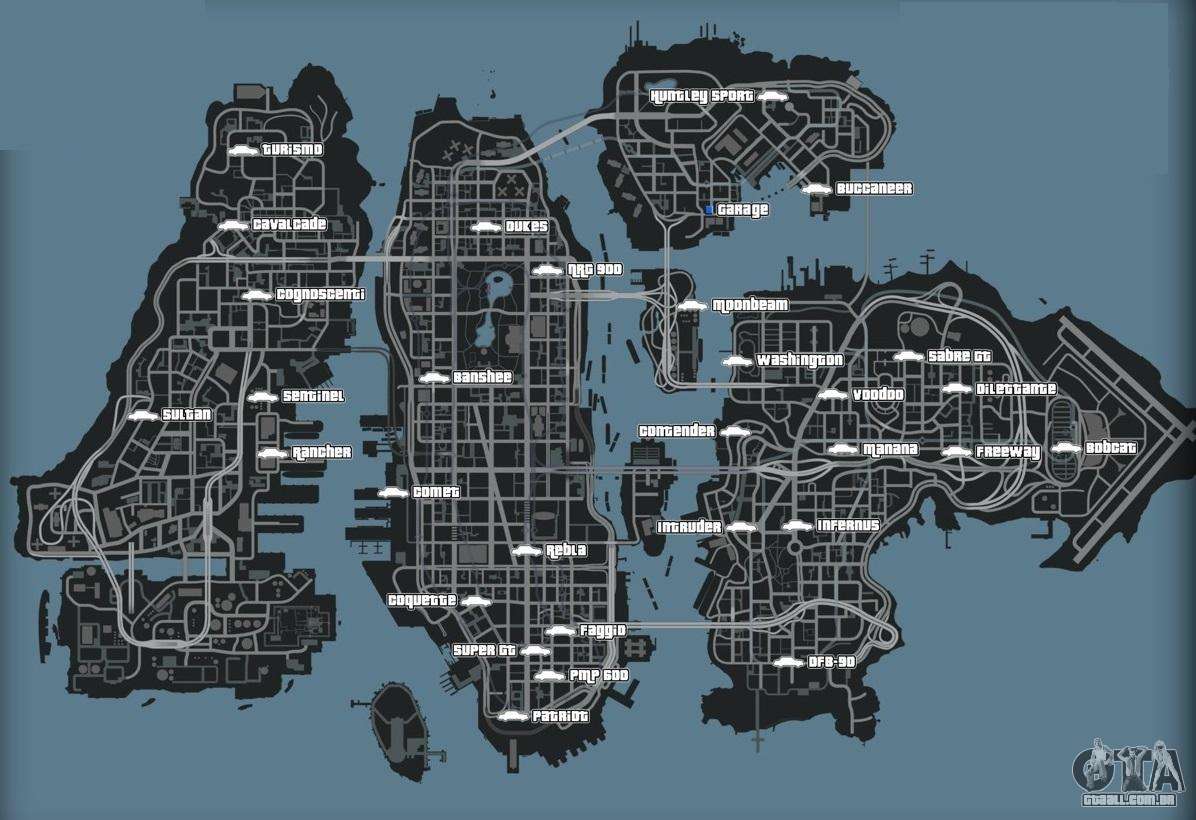 Mapa de carros no GTA 4 - todos os carros em um mapa