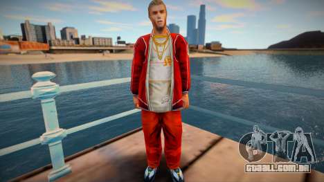 Um personagem em uma jaqueta vermelha do jogo Cr para GTA San Andreas